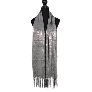 NWT | Silver Sequin Evening Scarf | Metallic Fringe Shawl | 70" x 17" | Sparkle